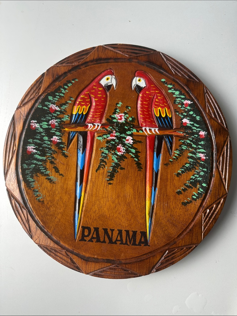 Vintage Hand Painted Cedar Wooden Plate From Panama